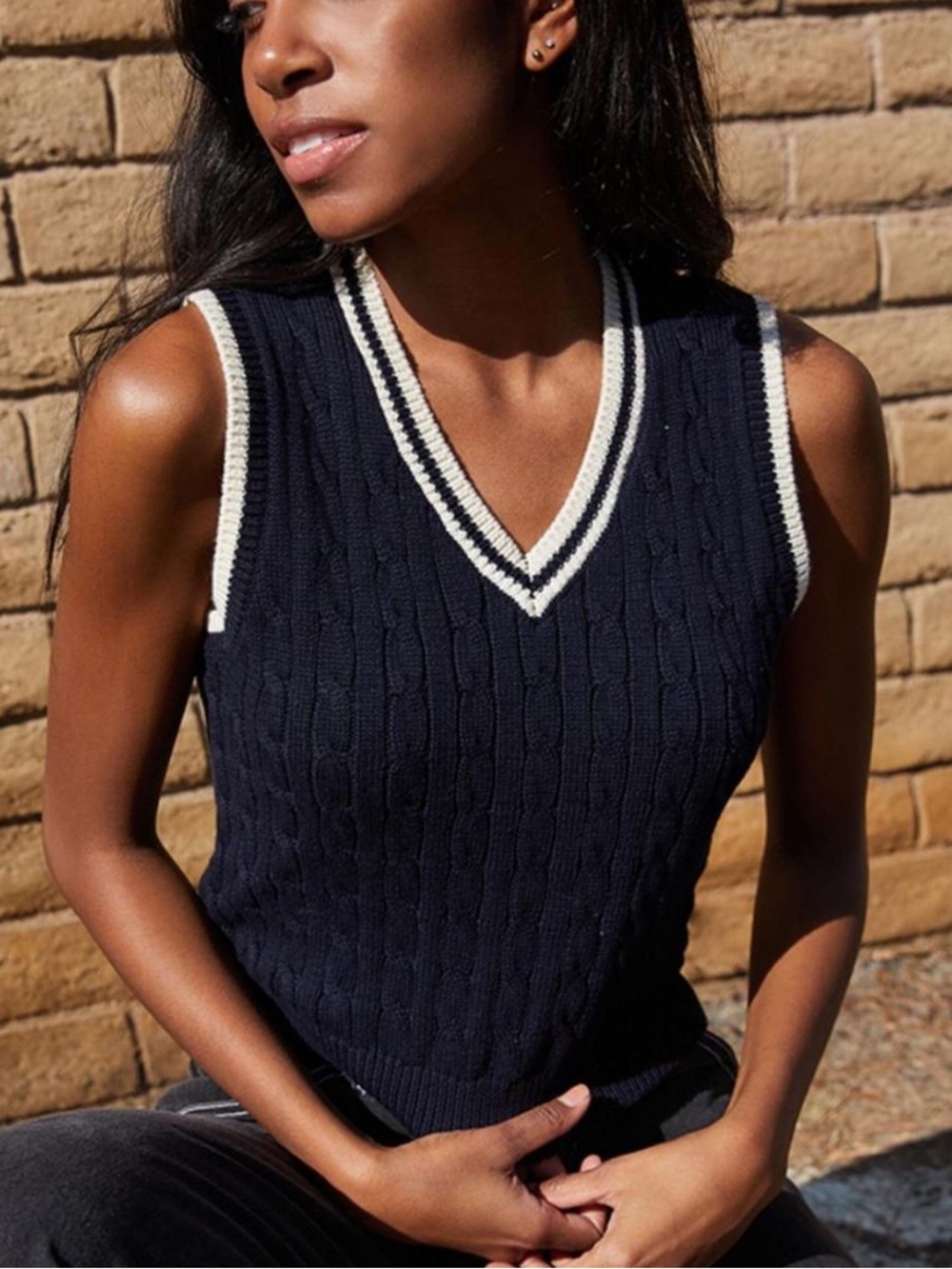 Brandy Melville John Galt Navy Marlena Cable Knit Sweater Vest